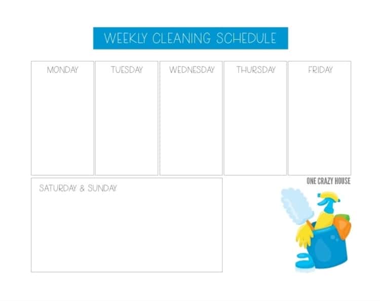a free printable of the weekly cleaning schedule which has spaces to fill in the individual daily cleaning tasks and/or areas