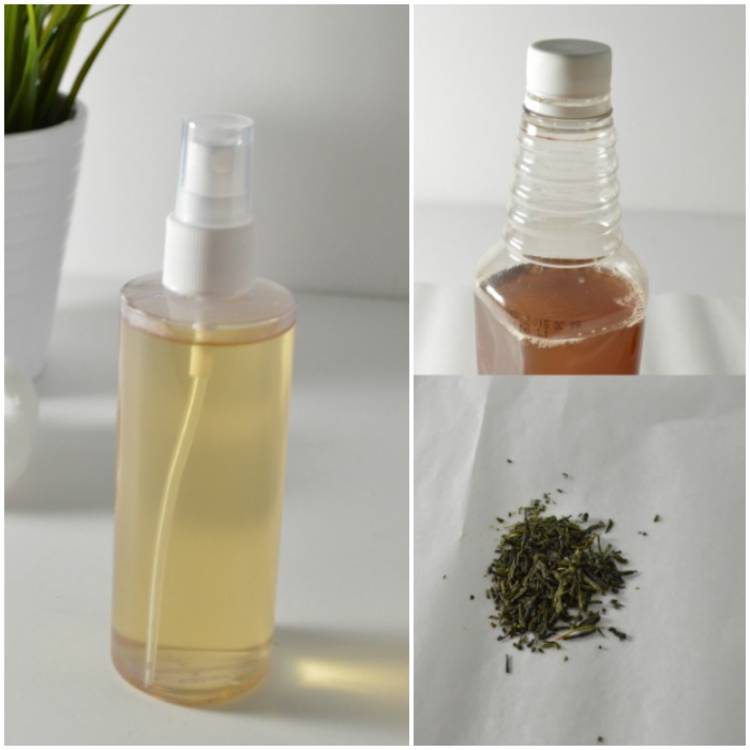 an image of diy skin toner in a spray bottle, apple cider vinegar, and loose green tea leaves
