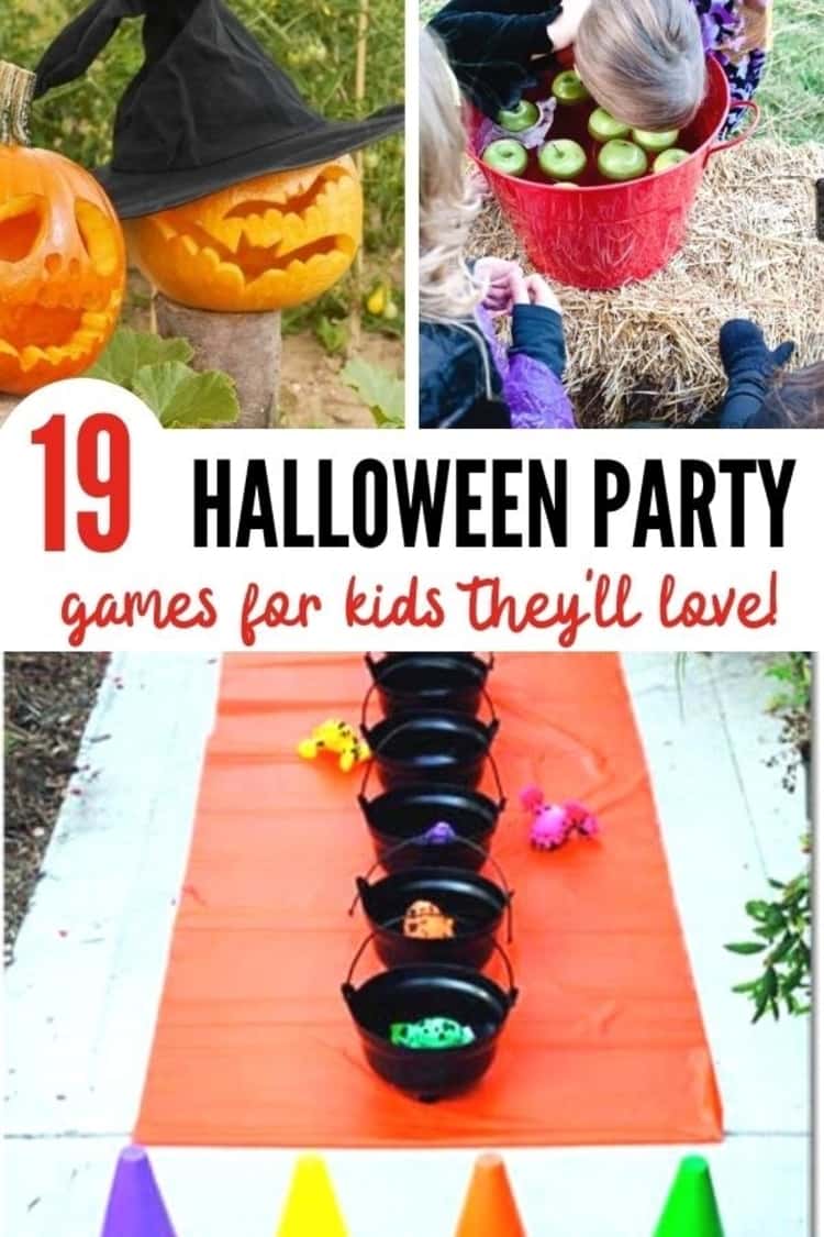 photo collage of 19 HALLOWEEN PARTY games for kids they'll love - set up for halloween game where children line up and compete to throw plastic frogs into a row cauldrons, 2 carved out pumpkins set out in the garden with flyer for 700+ Free pumpkin stencils, and one kid bobbing her head for apples in a bucket filled with water and some apples while 2 other kids are watching. 