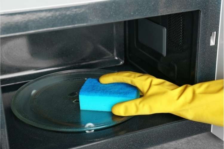 OneCrazyHouse Spring Cleaning gloved hand reaching into open microwave with sponge