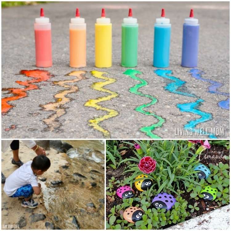 OneCrazyHouse budget friendly summer activities Collage Image, Challk Paint in Condiment Bottles on asphalt, child kneeling over river on nature walk, garden full of rocks painted like ladybugs