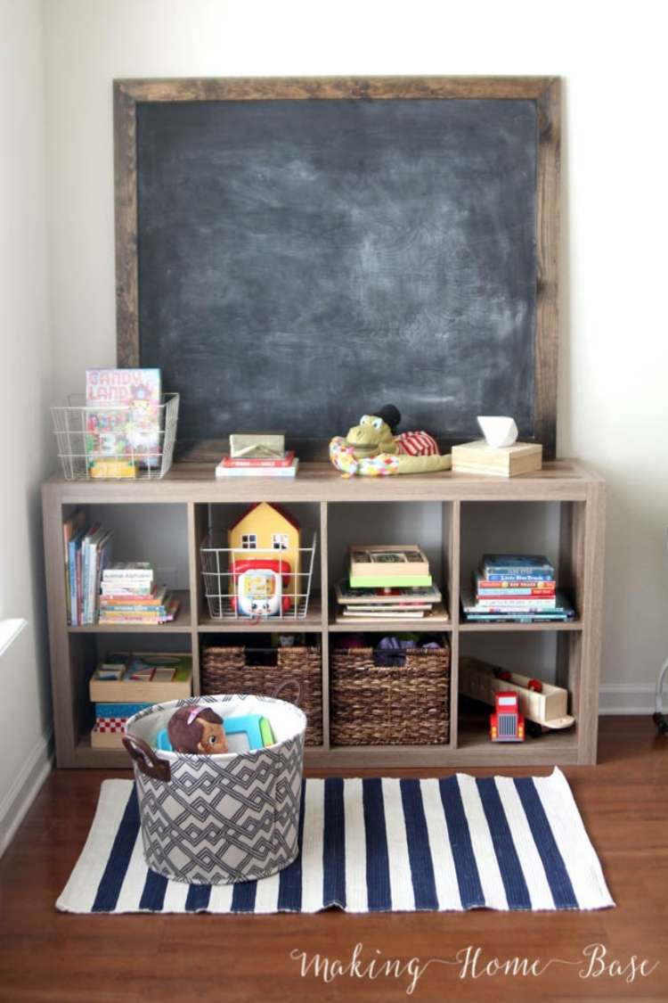 OneCrazyHouse kid friendly living room ideas Cube storage for toys with chalkboard on top