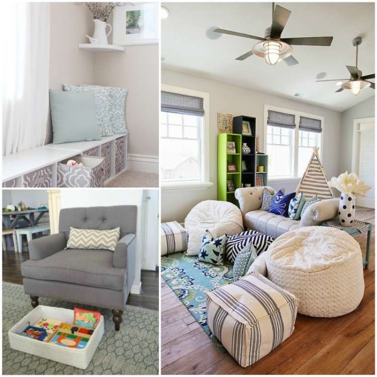 OneCrazyHouse kid friendly living room ideas collage image, window seating area with storage underneath, living room with hidden stoarage for toys under chair, living room with bean bags for seats around sofa
