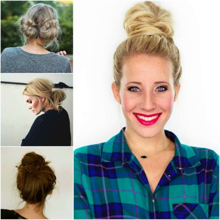 15 simple bun hairstyles for summer, collage of women with hair in buns