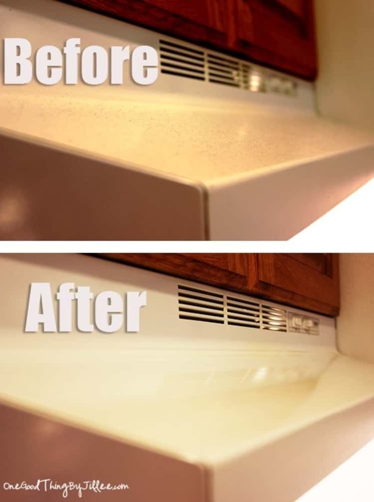 A photo collage of a kitchen hood before and after it was cleaned using a few drops of oil and paper towels 