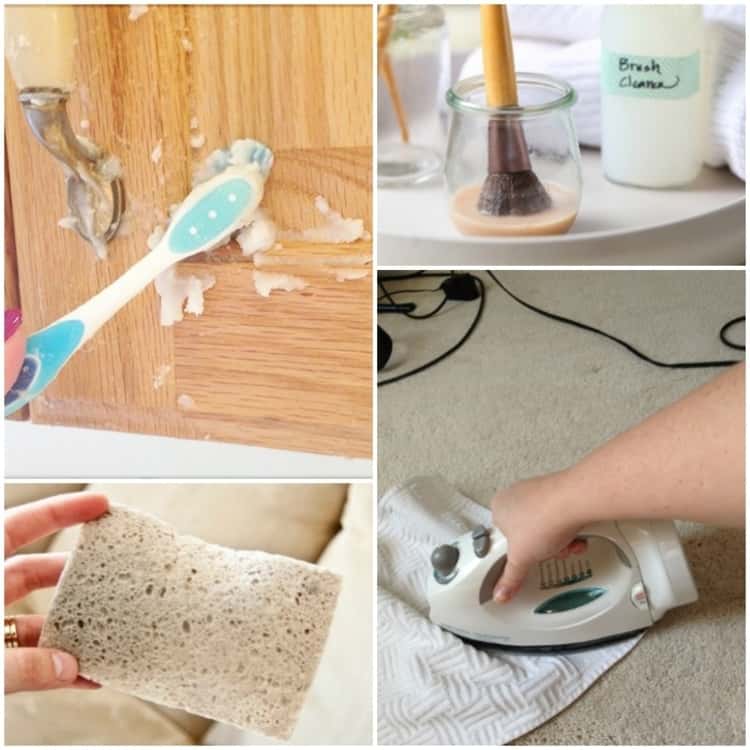 A photo collage of different cleaning projects- removing stains from upholstery using a sponge and rubbing alcohol, cleaning makeup brushes with an all-natural makeup brush cleaner, ironing stubborn stains out of the carpet and removing gunk from cabinets using baking soda and coconut oil 
