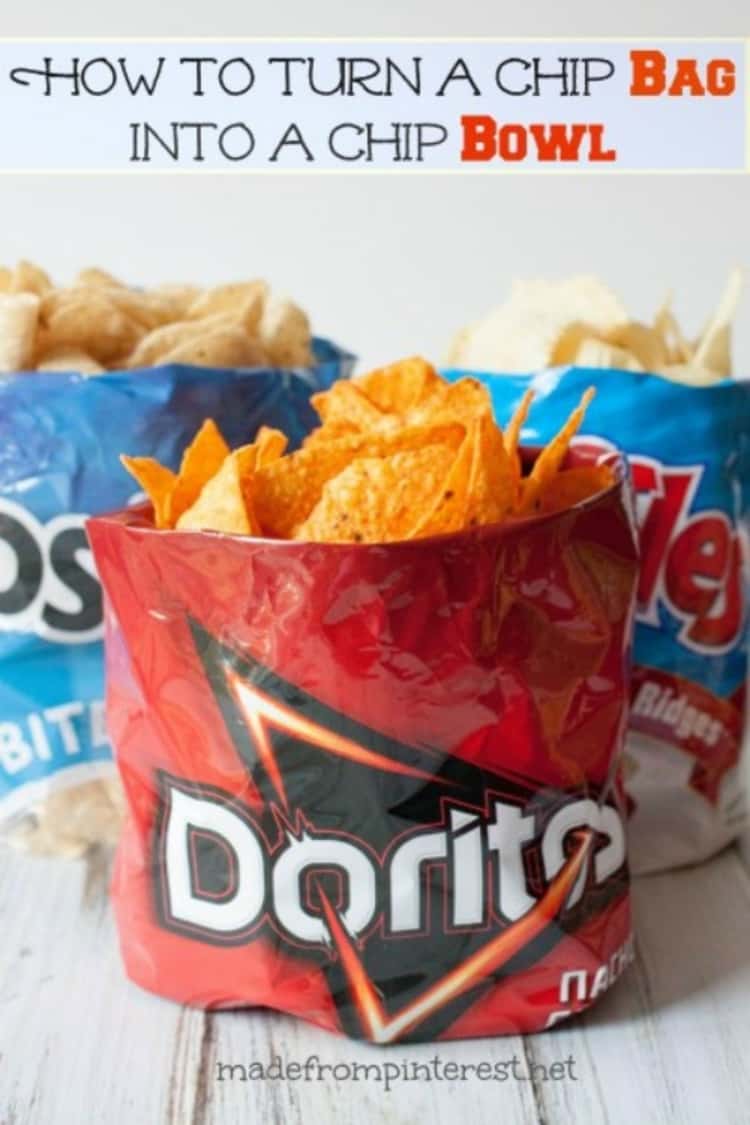 Picnic hacks - 3 chip bagS folded and standing upright under the title HOW TO TURN A CHIP BAG INTO A CHIP BOWL 