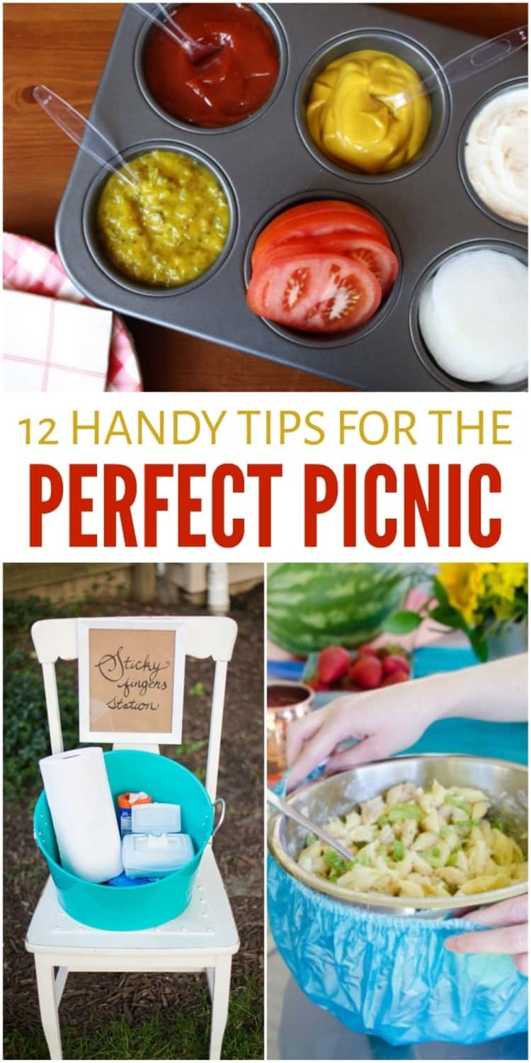 photo collage of 12 Handy Tips For The Perfect Picnic - condiments in a muffin tin, using a shower cap containing ice to keep food cold, and a sticky fingers station where everyone can easily find wipes, paper towels, spray bottles of water, and hand sanitizer. 