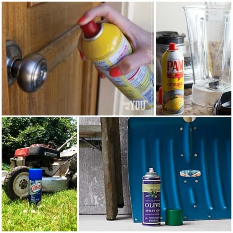 A collage picture showing the different ways you can use cooking spray -a hand spraying cooking spray on a door knob, cooking spray can beside a blending machine, cooking spray with a lawn mower and an open cooking spray can in front of a snow shovel and a ladder.