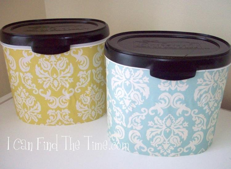This shows a pair of redecorated canisters. One is yellow and one is blue. Fun with crafts and reusing formula canisters.