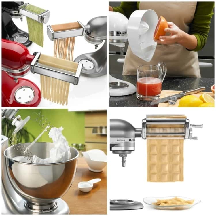 photo collage mixer attachments - pasta excellence set, the ravioli maker, the whisk, and citrus juicer. 