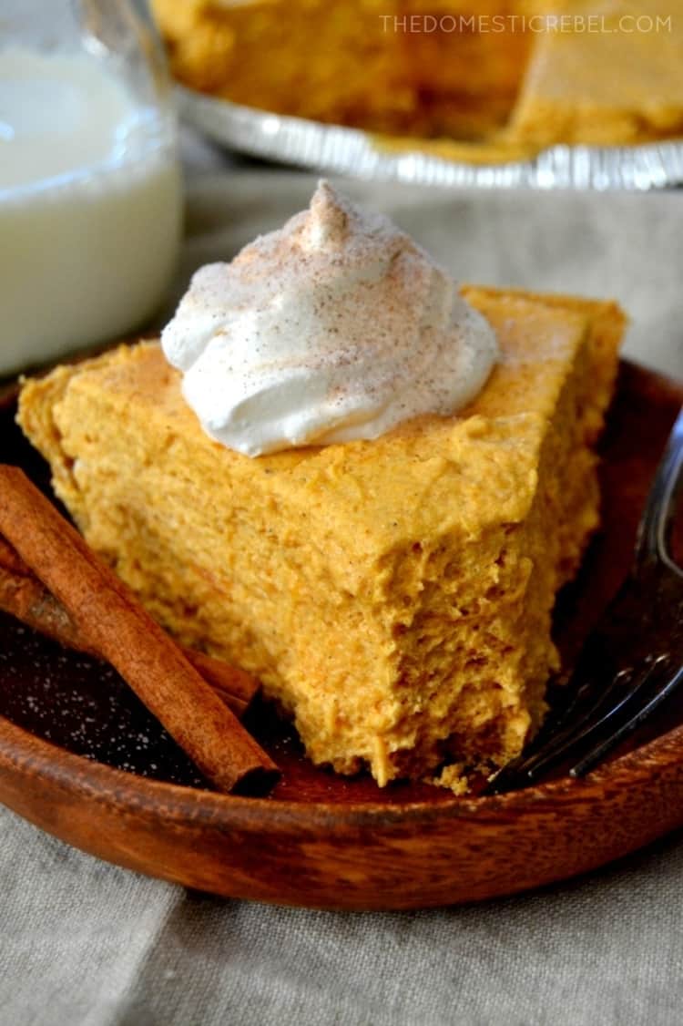Photo of pumpkin pie no bake dessert with whipped cream dollup.