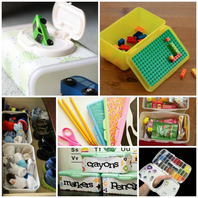 collage image of ways to reuse baby wipes containers: as a travel container for toy cars, as a travel Lego set, to organize socks, to organize school supplies, as a pencil case, as a mini watercolor kit, and as a travel snack container