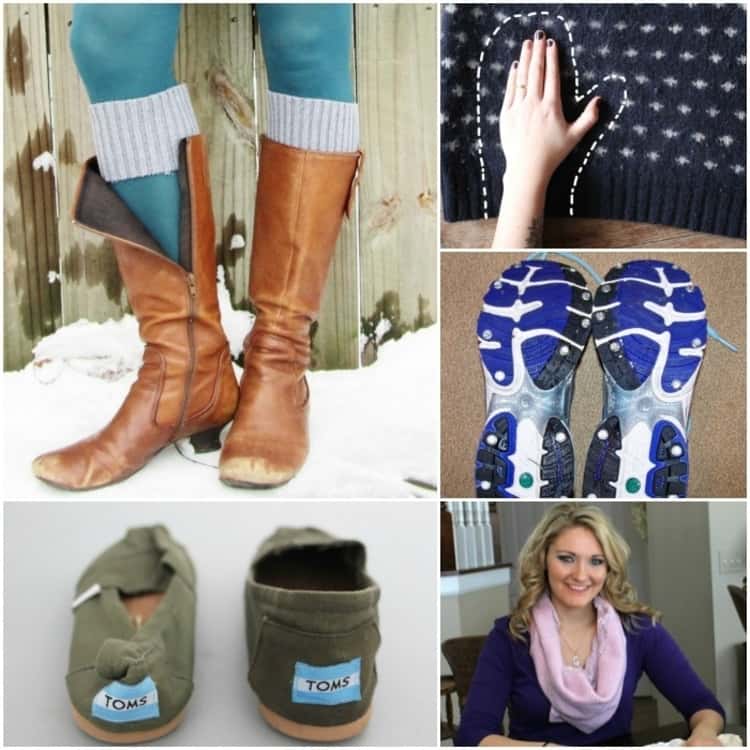 Winter clothing tips, boots, mittens, shoes and scarf