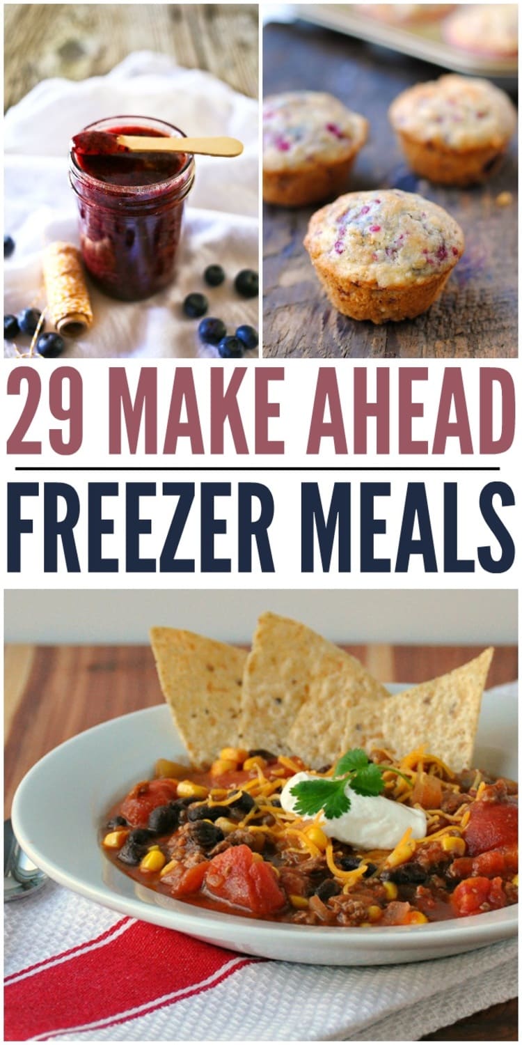 29 Make Ahead Freezer Meal Recipes collage no-cook jam, freezer meal muffins, black bean soup