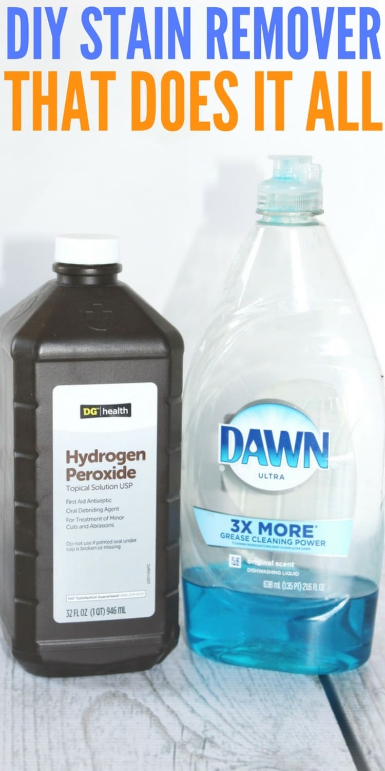 This DIY stain remover really tackles all of the stains in my home - a bottle of hydrogen peroxide and dawn soap