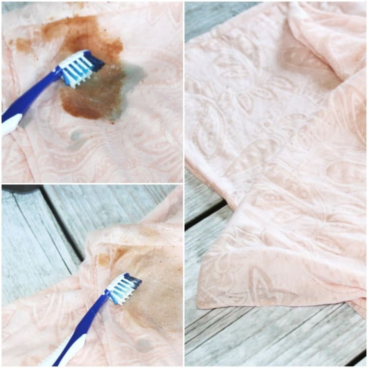 DIY stain cleaner proccess on a pink blouse collage image - stain treated with solution and an old toothbrush