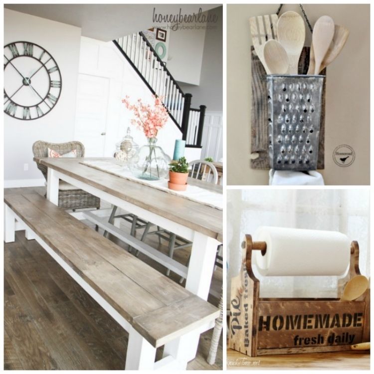 farmhouse table, wooden tote and utensil hanger