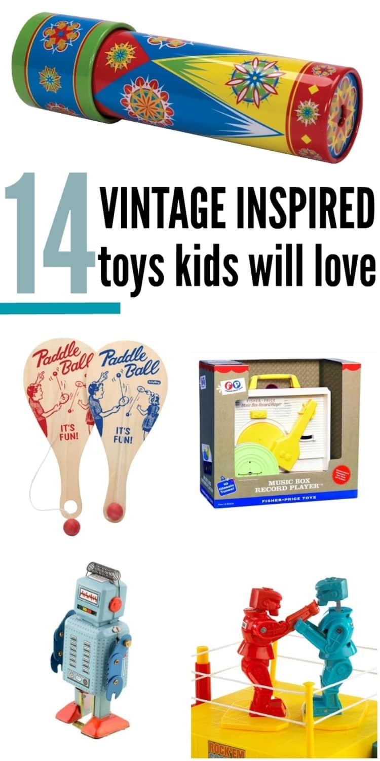 Collage image of vintage toys for pinterest pin. Featuring paddle ball game, and kaleidoscope.