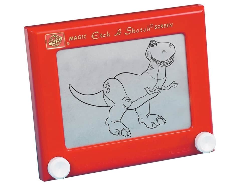 Red Etch-A-Sketch with Rex the dinosaur from Toy Story drawn on the screen. 