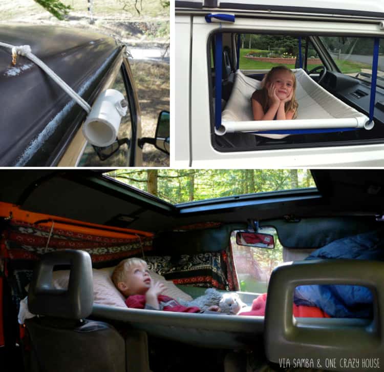 A collage of a car hammock made from fabric and PVC pipes