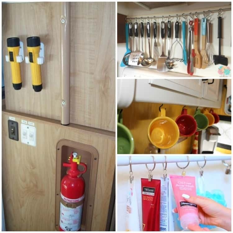 A collage showing broom holders used to hold flashlights, utensils handing from a dowel on s-hooks, coffee mugs hanging from hooks under the kitchen cabinet and shower products hanging from a shower curtain rod. 