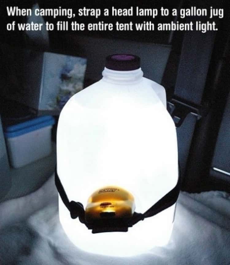 Gallon water jug with a headlamp to create ambient light