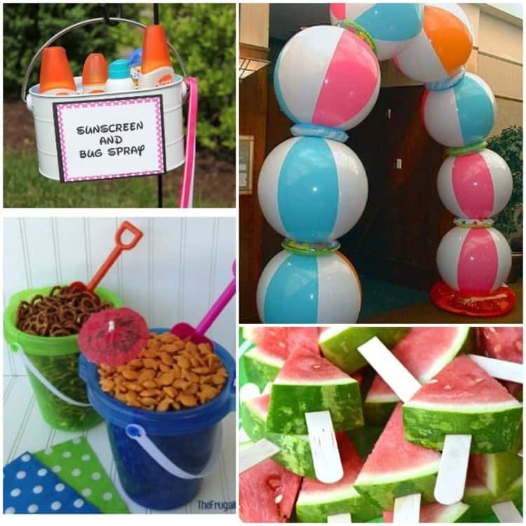 Easy Summer Party Ideas - a collage showing a sunscreen and bug spray station, a beach ball entrance, snacks in beach pails with shovels and watermelon slices on popsicle sticks