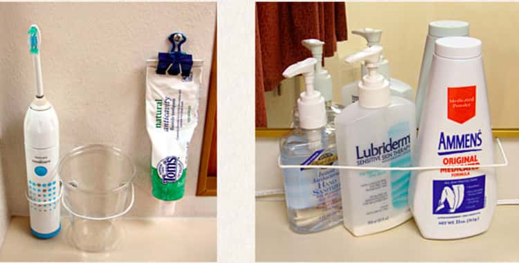 use hangers to keep toiletries in place