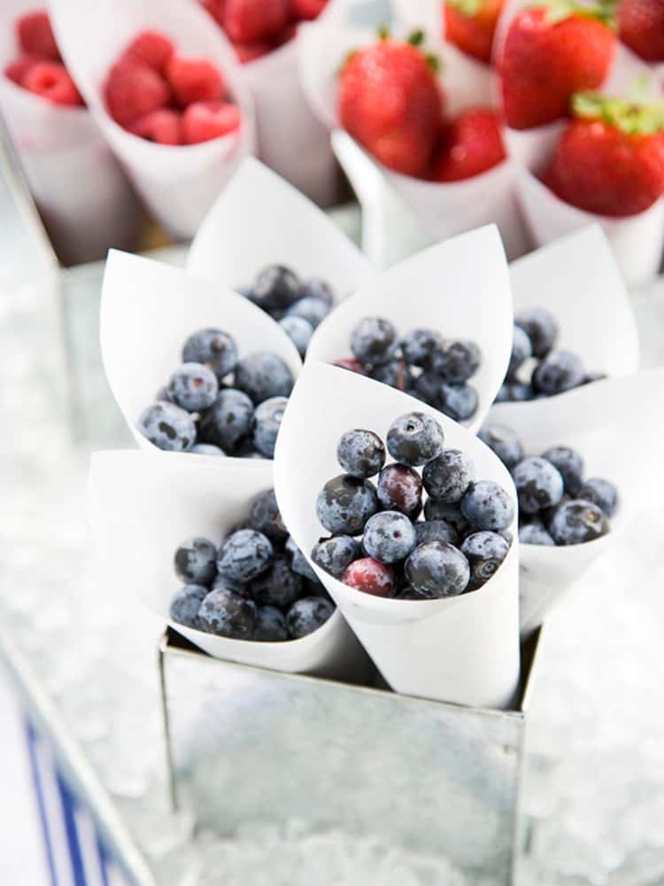 Berries placed in wax paper cones for a healthy yet pretty snack